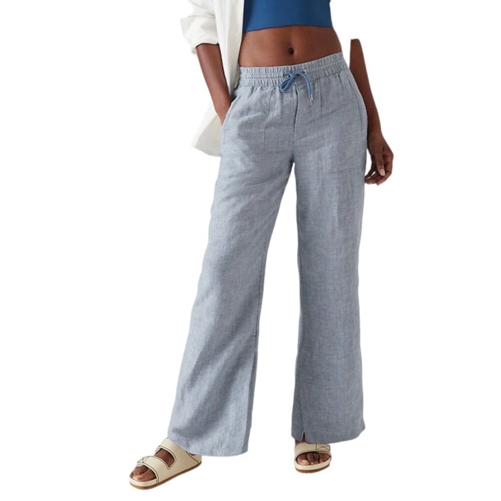 Athleta Retreat Cabo Linen Breathable Wide Leg Pant Chambray Blue Size 18